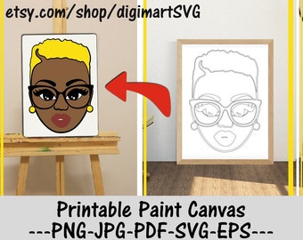 Woman Printable Paint Canvas, Afro png, Coloring Pages, Paint With A Twist, Paint Party, Adult Coloring Page, Paint & Sip, Svg, Glasses svg