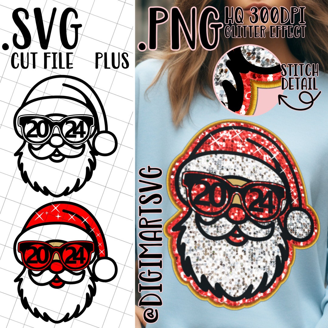 Santa Claus 2024 PNG, Faux Stitch Sequin Santa Claus SVG, Christmas Svg