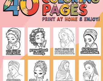 40x Religious Quote Coloring Pages Bundle, Praying Woman, Melanin, Adult Printable Coloring Page, Paint & Sip, Bible Verse, African American