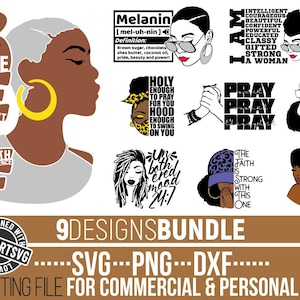 9x アフロウーマン svg バンドル、Pray svg、I Am A Woman svg、Black Woman、Unbothered svg、ヒョウ柄、Cricut 用ファイル、即時ダウンロード