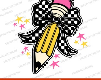 School Pencil svg, Retro Coquette Bow svg, Retro Teacher svg, Retro Back to School SVG, Clipart, Cut File Cricut, Pre-K svg, Checkered svg
