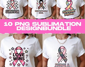 Breast Cancer PNG Bundle – 10 Holographic Sublimation Designs – Pink Ribbon Fighter Survivor Awareness Quotes for Shirts & Gifts, Clipart