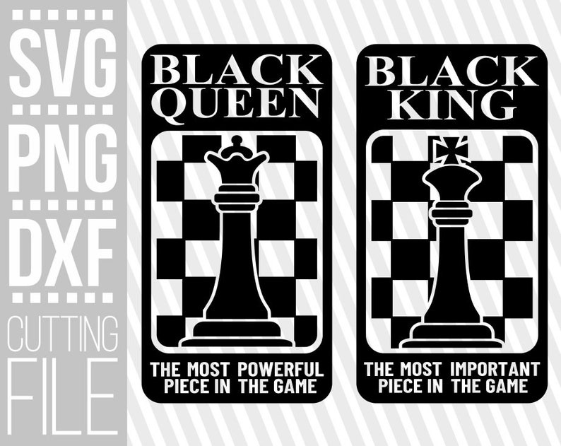 Puede incluir: Dise&ntilde;o gr&aacute;fico en blanco y negro de un tablero de ajedrez con una reina y un rey negros. La reina est&aacute; etiquetada como "La pieza m&aacute;s poderosa del juego" y el rey como "La pieza m&aacute;s importante del juego".