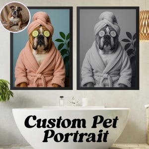 Custom Pet Portrait Photo, Funny Bathroom Art, Bathroom Dog Wall Art, Digital Download, Pet in Bathtub, Reading Newspaper on Toilet, Gift