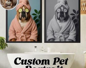 Custom Pet Portrait Photo, Funny Bathroom Art, Bathroom Dog Wall Art, Digital Download, Pet in Bathtub, Reading Newspaper on Toilet, Gift