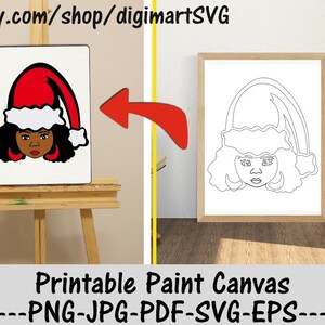 Santa Girl Printable Paint Canvas, Weihnachtssvg, Malseiten, Paint With A Twist, Melanin, Erwachsene druckbare Malseite, Paint & Sip