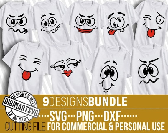 9x Funny Face svg Bundle, Cartoon Eyes svg, Smile svg, Kawaii Face svg, Emoji, File for Cricut, Clipart, Silhouette, Cut Files, Sublimation