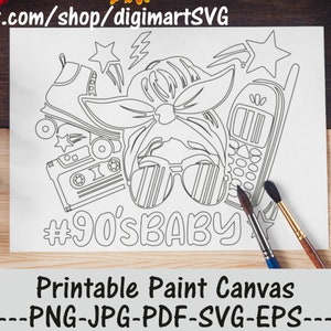 Messy Bun 90's Baby svg, Graffiti, Birthday svg, Vintage png, Melanin, Paint Party, Adult Printable Coloring Page, Paint & Sip, Paint Canvas