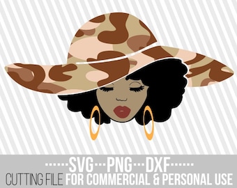 Mujer negra con sombrero grande (SVG), melanina, camuflaje (SVG), camuflaje del ejército, África, chica negra mágica (SVG), archivo para Cricut, silueta, descarga instantánea