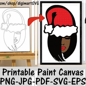 Tela di vernice stampabile di Natale, Babbo Natale Png, Disegni da colorare, Dipingi con un tocco, Melanina, Pagina da colorare stampabile per adulti, Vernice e sorso