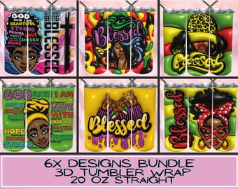 6x Design Bundle 3D Inflated Sublimation Tumbler Design Download PNG, 20 Oz Digital Tumbler Wrap PNG Download, Blessed PNG, Black Woman png