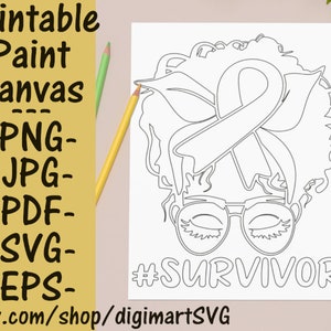 Afro Messy Bun Survivor Coloring Pages, Pink Day Png, Breast Cancer SVG, Printable Paint Canvas, Adult Coloring Page, Paint With A Twist