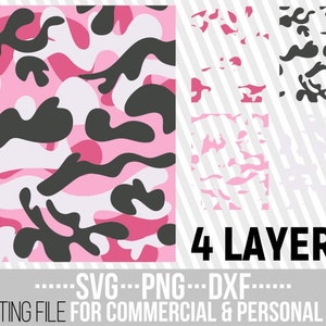 May include: Pink, black, and white camouflage pattern digital design file. The design is divided into four layers. The text "4 LAYERS" is in black text on a white background. The text "...SVG...PNG...DXF..." is in black text on a white background. The text "CUTTING FILE FOR COMMERCIAL & PERSONAL USE" is in black text on a white background.