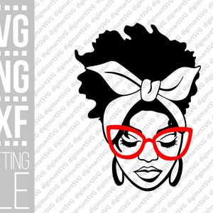 Afro Messy Bun svg, zwarte vrouw svg, dikke svg, bril svg, haarbroodje, vrouw in bandana PNG, bestand voor Cricut, silhouet, directe download