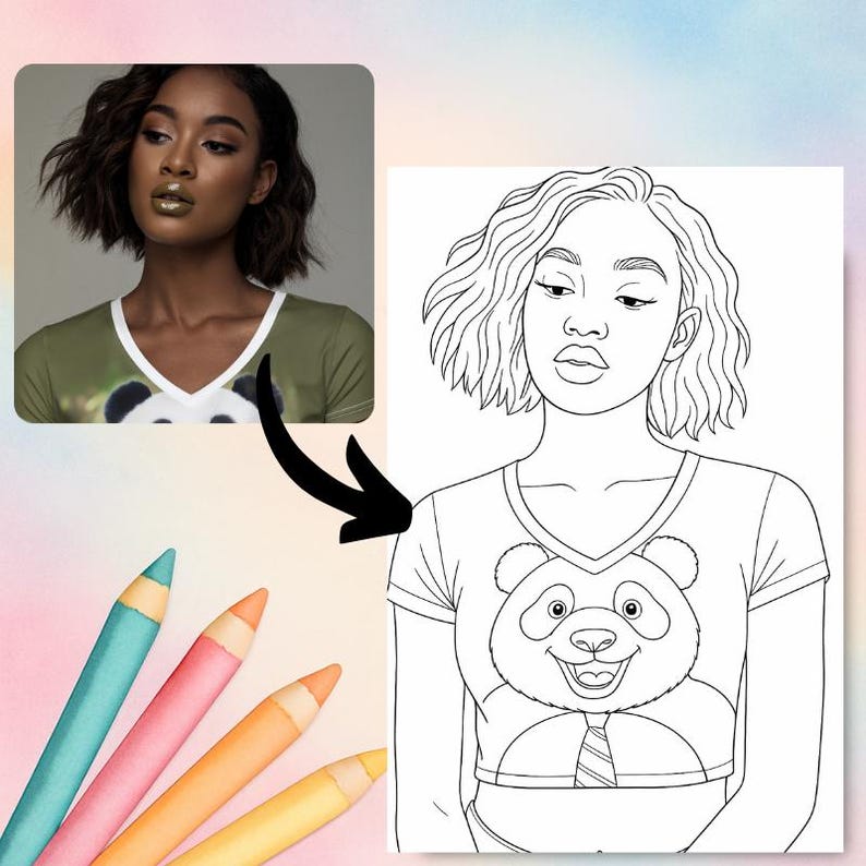 May include: A black and white line drawing of a person with short curly hair wearing a shirt with a panda bear graphic. The panda bear is wearing a tie.