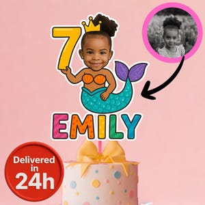 Aangepaste cupcake toppers met zeemeermingezicht, gepersonaliseerd feestdecor, aangepaste verjaardagstaartdecoraties, prikbord, prinses, cartoon png