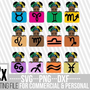 12x signe du zodiaque Bundle svg, Afro Queen svg, Horoscope, Peeking girl, Mélanine, Femme noire, Fichier pour Cricut, Silhouette ,Téléchargement instantané