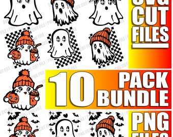 10x Halloween Lindo Fantasma SVG Paquete, Fantasma SVG, Retro Halloween svg, Clipart, Temporada Espeluznante png, Cortar Archivo Cricut, Vaso, Coqueta Arco svg