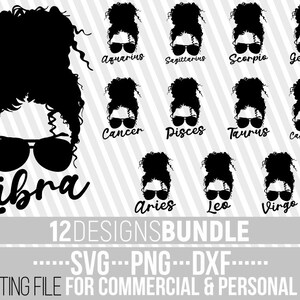 12x Zodiac Sign Bundle svg, Horoscoop, Black Girl Magic, Messy Bun svg, Zonnebril, Cut Files, Bestand voor Cricut, Silhouette, Instant download