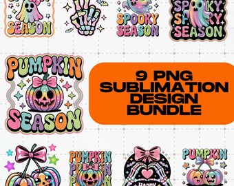 May include: A collection of nine PNG sublimation designs with a Halloween theme. Designs include ghosts, pumpkins, skeleton hands, and the phrases "Spooky Season" and "Happy Hauntings". The designs feature a colorful, retro style with stars and bows.