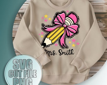 Groovy School Pencil svg, Retro Teacher svg, Back to School SVG, Clipart, Cut File Cricut, First day of school svg, Pink Coquette Bow svg