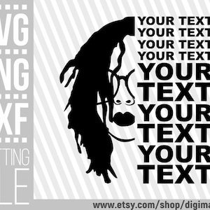Könnte beinhalten: Schwarz-weiße Silhouette einer Frau mit langen Haaren, mit dem Text "YOUR TEXT" fünfmal wiederholt.
