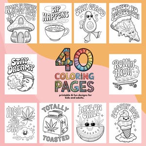 40x Cannabis Malseiten Bundle PNG, Stoner PNG, Paint Party, Druckbare Malseite für Erwachsene, Paint & Sip, Niedliche Kawaii PNG, lustiges Weed PNG