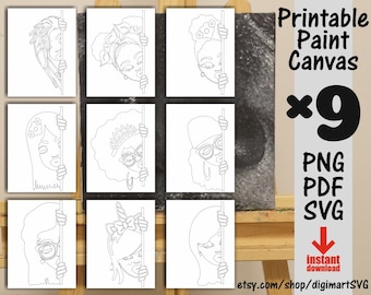 9x Afro Coloring Pages Bundle, Peekaboo, Coloring Pages, Paint With A Twist, Paint Party, Adult Printable Coloring Page, Paint & Sip, Svg