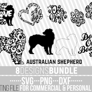 Puede incluir: Un paquete de diseño digital con ocho diseños diferentes de pastores australianos. Los diseños incluyen una silueta de un pastor australiano, un diseño floral, una huella de pata, un corazón con una huella de pata y texto que dice "Todo lo que necesitas es amor y un perro", "Mamá de perro" y "Perro a bordo".