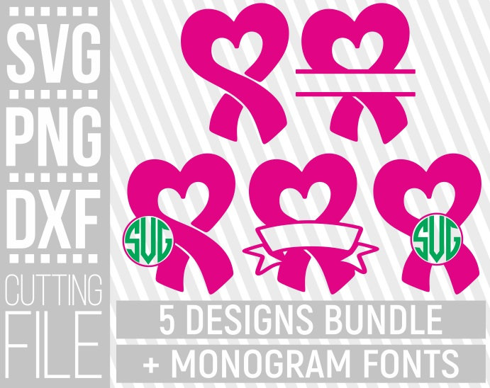 Download 5x Pink Ribbon Bundle Svg Monogram Breast Cancer Heart Pink Wreath Svg Cancer Cut Files File For Cricut Silhouette Instant Download