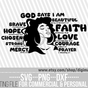 Dios dice que soy valiente svg, Versículo de la Biblia svg, Palabras afirmativas svg, png afroamericano, Historia negra, Bendito svg, Archivo para Cricut, Vector