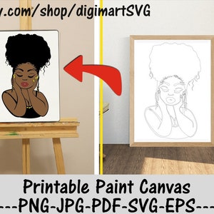 Afro Frau Png, druckbare Malleinwand, Messy Bun svg, Malseiten, Malen mit einem Twist, Malparty, Malseite für Erwachsene, Malen & Schluck