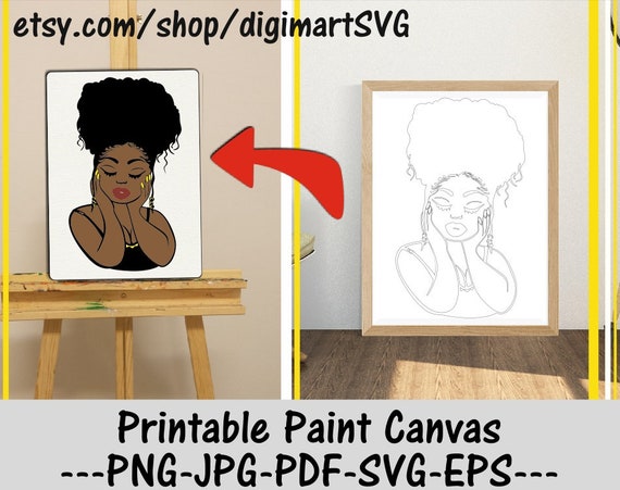 Afro Woman Png, Printable Paint Canvas, Messy Bun svg, Coloring Pages, Paint With A Twist, Paint Party, Adult Coloring Page, Paint & Sip