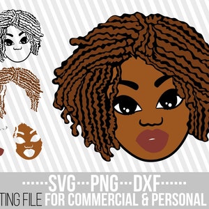 Peut inclure: Illustration numérique d'une femme noire aux cheveux bouclés bruns. Elle a de grands yeux, un teint brun et une expression neutre. L'illustration est de style cartoon.