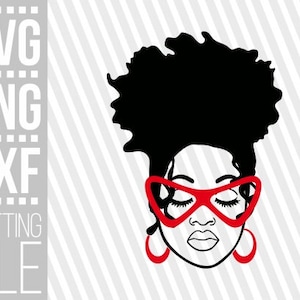 ボサボサのおだんごヘアの黒人女性 svg、アフロ女性 svg、メガネ svg、イヤリング svg、おだんごヘア、Cricut 用ファイル、シルエット、即時ダウンロード、カット可能