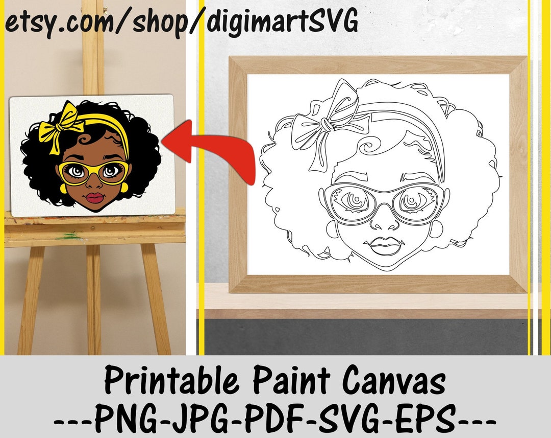 Melanin Coloring Pages, Printable Paint Canvas, Hair Bow Svg, Cartoon