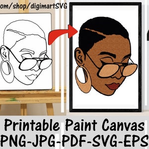 Afro Woman Printable Paint Canvas, Coloring Pages, Paint With A Twist, Paint Party, Adult Printable Coloring Page, Paint & Sip, Digital Svg