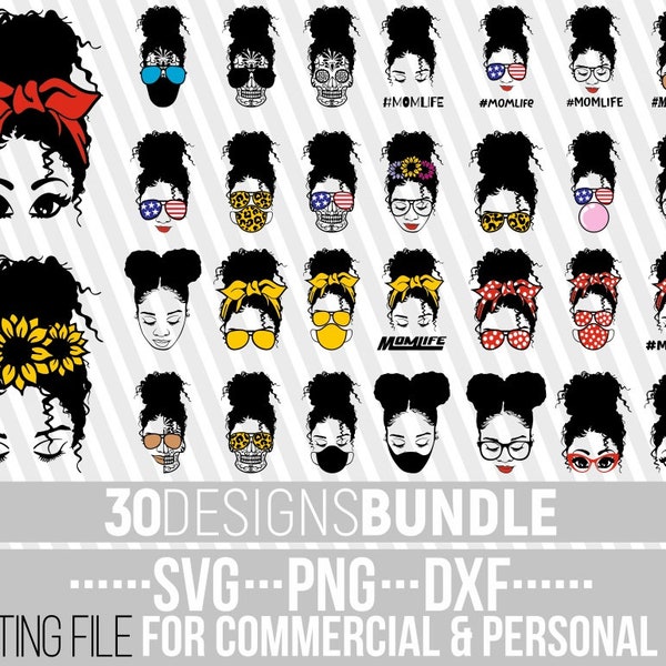30x Messy Bun Designs Bundle svg, African American svg, Hairstyle, Melanin svg, Sugar Skull, File for Cricut, Silhouette ,Instant download
