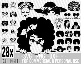 Paquete de 28 imágenes de mujer negra en formato SVG, melanina, peinados afro, magia de chica negra, archivo para Cricut, silueta, descarga instantánea