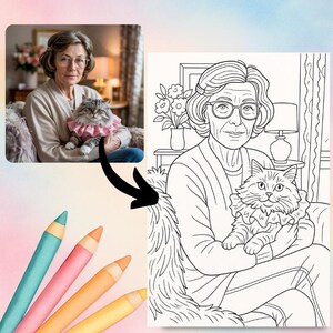 May include: A black and white line drawing of a woman with glasses holding a cat. The woman is sitting in a chair with a floral arrangement behind her. The cat is wearing a pink collar with a bow.