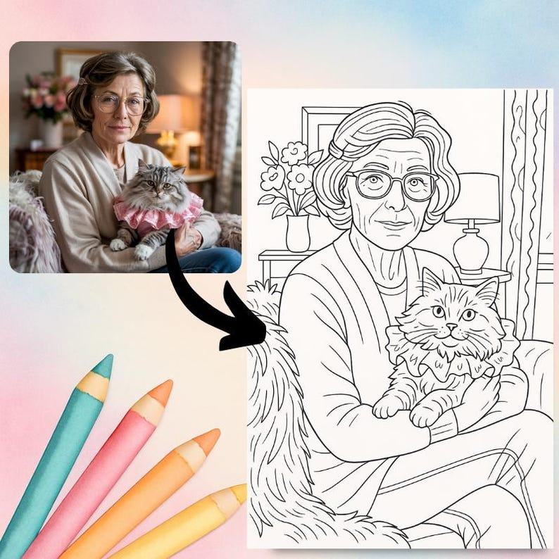 May include: A black and white line drawing of a woman with glasses holding a cat. The woman is sitting in a chair with a floral arrangement behind her. The cat is wearing a pink collar with a bow.