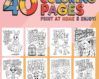 40x Easter Groovy Bunny Coloring Pages Bundle For Kids, Vintage Bunny, Adult Printable Coloring Page, Funny Coloring Book, Kawaii Easter