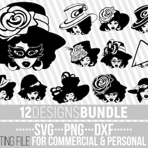 12x Beauty Black Woman with Hat Bundle svg, Melanin, Afro Girl svg, Black Girl Magic, Fashion, Datei für Cricut, Silhouette, Sofortiger Download