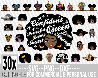 Paquete de 30 imágenes de mujer negra en formato SVG, cabello natural, capas, melanina, mujer negra en formato SVG, magia de chica negra, archivo para Cricut, silueta, descarga instantánea