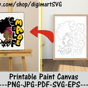Self Made Printable Paint Canvas, Messy Bun PNG, Black Woman With Butterflies svg, Afro, Paint With A Twist, Pagina da colorare stampabile per adulti