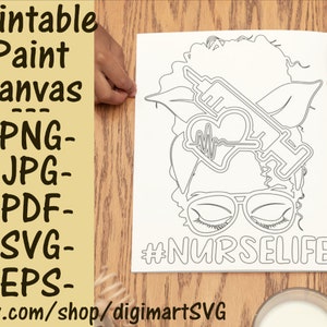 Afro Messy Bun Nurse Life Png, Nurses Day svg, Nursing svg, NurseScrubs svg, Adult Printable Coloring Page, Paint With A Twist, Paint & Sip