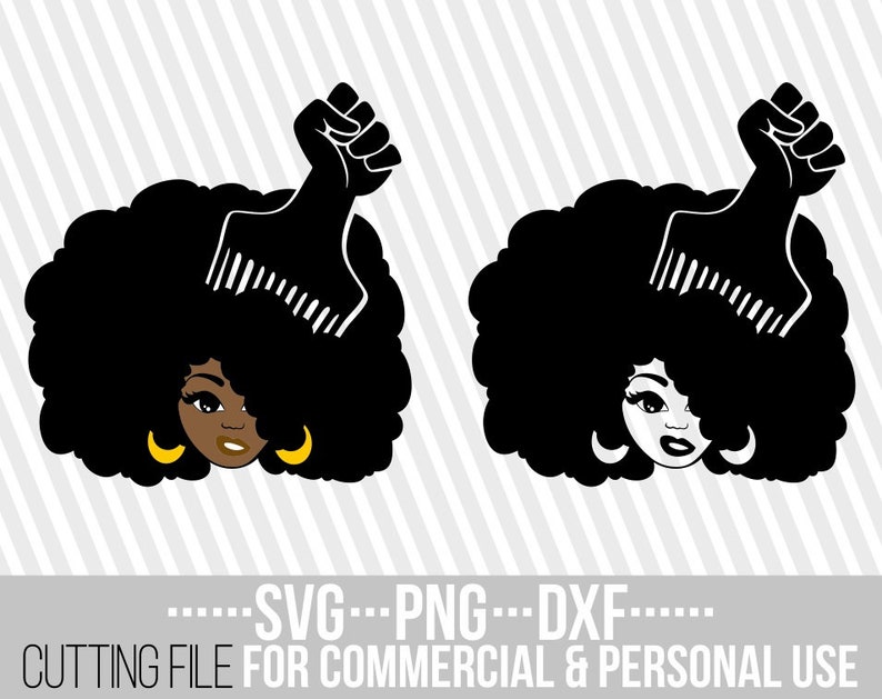 May include: Black and white silhouette of a woman with an afro hairstyle and her fist raised in the air. The woman is wearing earrings. The silhouette is a digital cutting file for commercial and personal use.