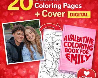 20 Custom Coloring Pages from Photo + Cover | Personalized Valentine’s Coloring Book for Couple | Digital Download Gift for Him or Her