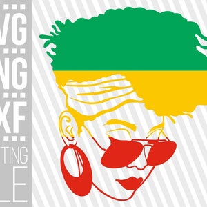 May include: A digital illustration of a woman's face with a green, yellow, and red afro hairstyle. The woman is wearing sunglasses and large hoop earrings.