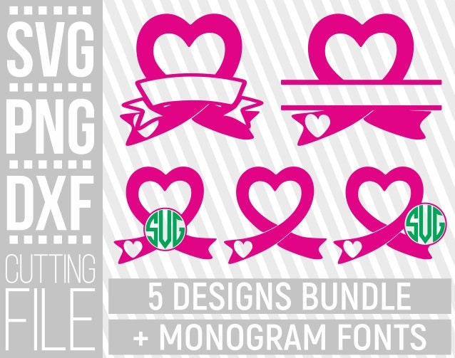 5x Pink Ribbon Bundle Svg Monogram Breast Cancer Heart Pink Wreath Svg Print Cut Files File For Cricut Silhouette Instant Download